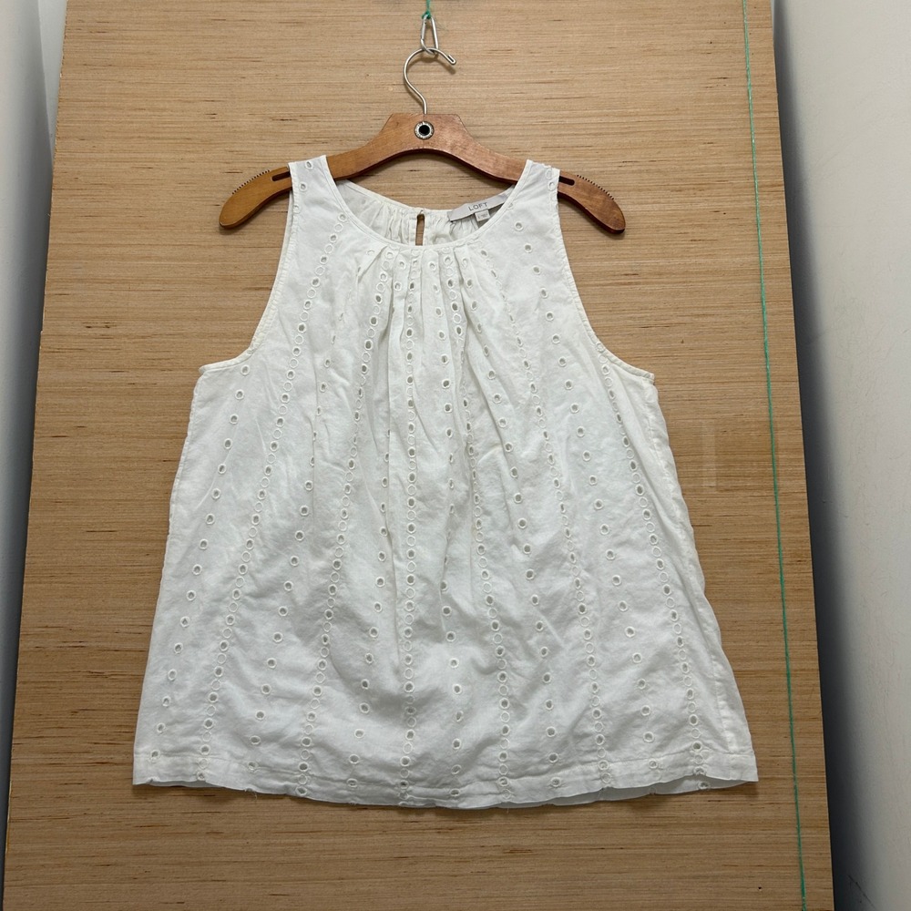 Loft Womens White Eyelet Sleeveless Tank Top Pleated Neck Keyhole Size L